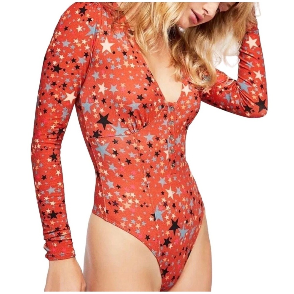 Free People Girls Like Us Star Bodysuit Women M Red Henley V-Neck Long Sleeve